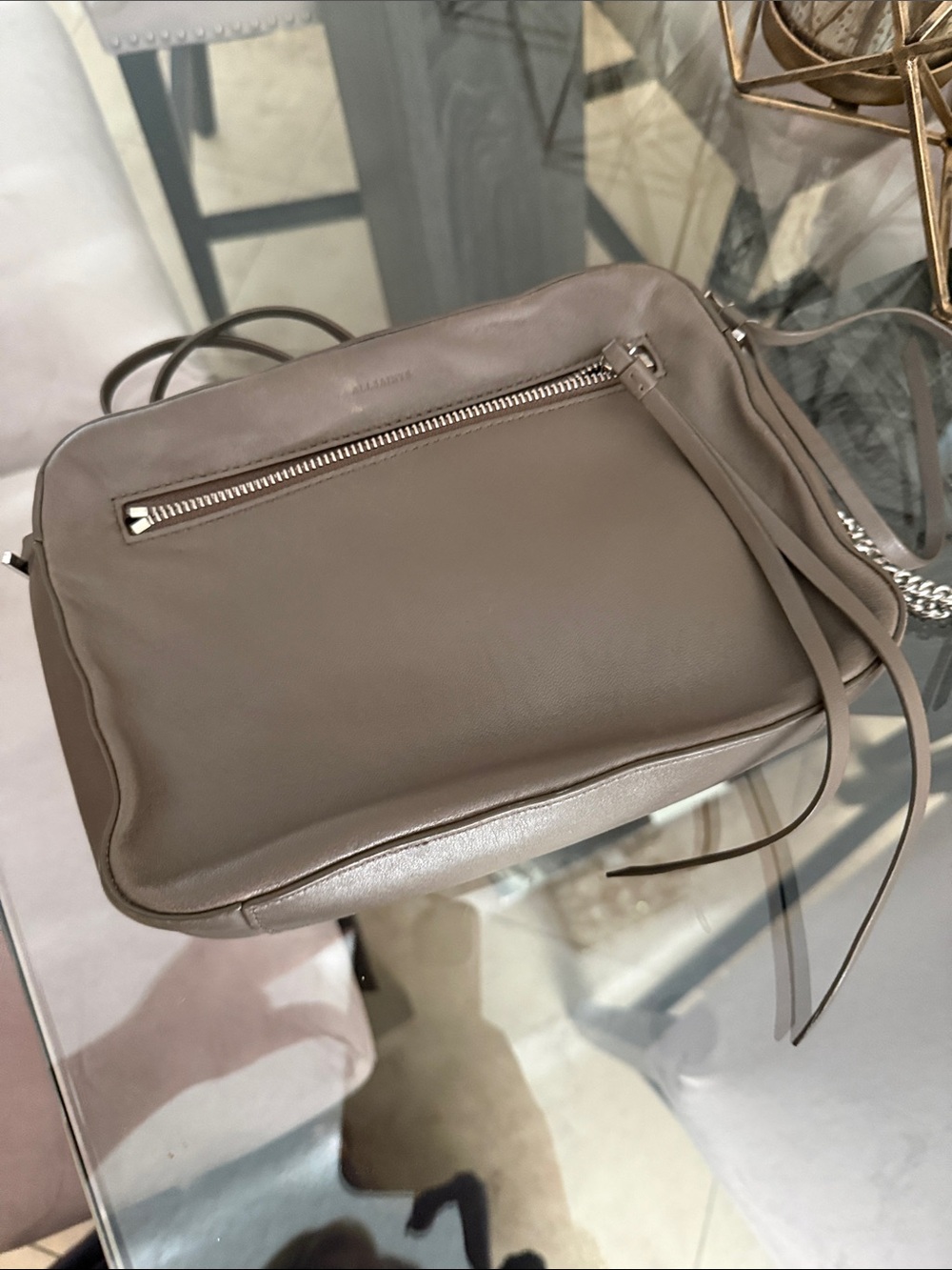 All Saints Leather Chain-Shoulder Crossbody Bag in Dark Greige Taupe - Picture 1 of 9